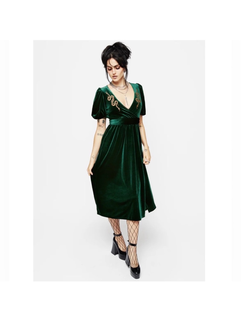 NWT Disturbia Women’s Size 16 Velour Applique Midi Wrap Dress Green Snake Goth